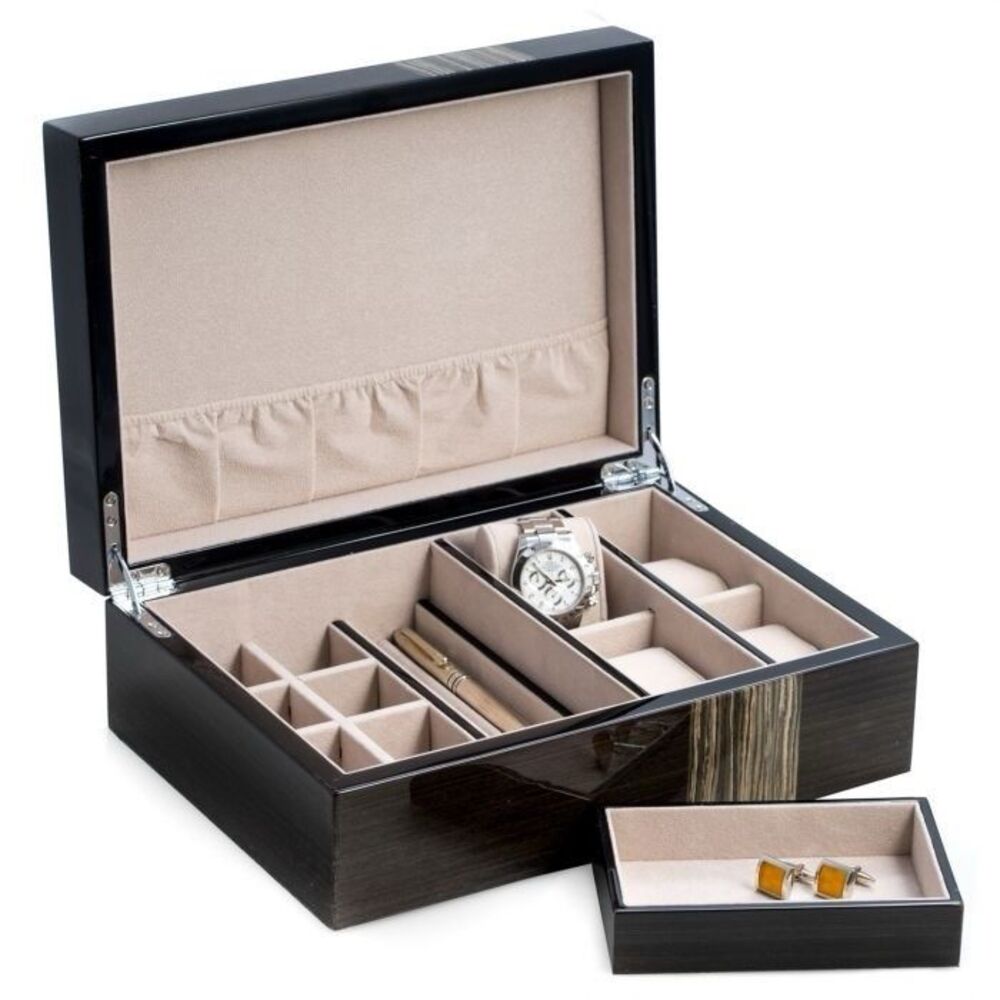 Bey-Berk Lacquered Ash Wood Valet Box Watch And Jewelry Storage